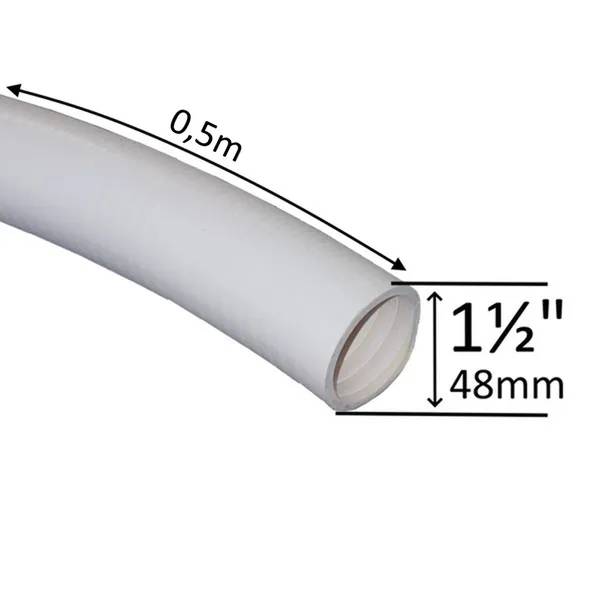 Poolslang PVC 1,5" böjd vit slang, längd 0,5 m markerad med pil, diameter 48 mm visad vid slangänden.