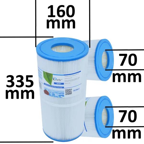 Spafiltret Darlly SC861 sett snett framifrån, med etikett som visar kompatibla spamodeller och QR-kod.