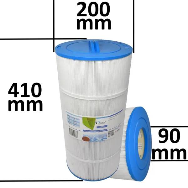 Spafilter Darlly SC775 stående med blå topplock, uppmätt till 200 mm bredd och 410 mm höjd, samt en liggande filterdel på ...