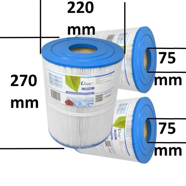 Darlly SC713 spafilter med blå toppar, måttsatt till 220 mm diameter, 270 mm höjd och 75 mm öppning.