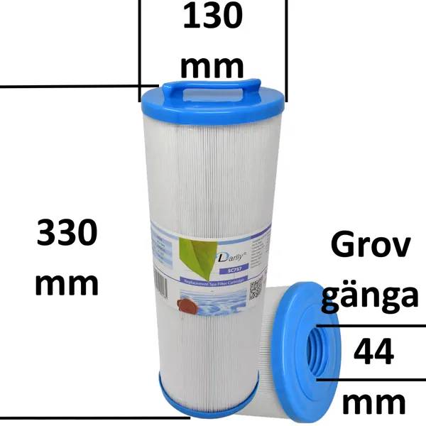 Spafilter Darlly SC757 stående med blått handtagslock, samt liggande filter som visar öppningen underifrån.