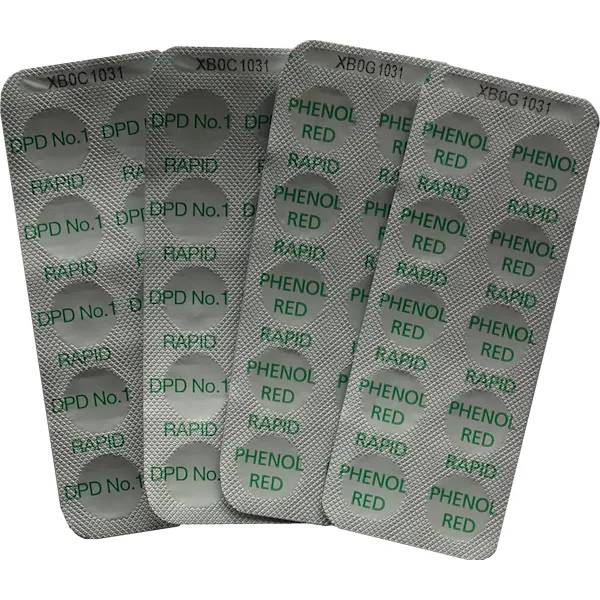 Fyra silverfärgade tablettblister till MiniPool Tester, märkta DPD No.1 Rapid och Phenol Red.