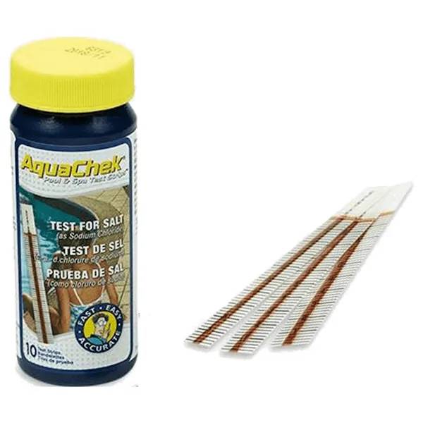 AquaChek teststickor för klorsalt, blå flaska med gul lock bredvid tre vita testremsor med bruna markeringar.