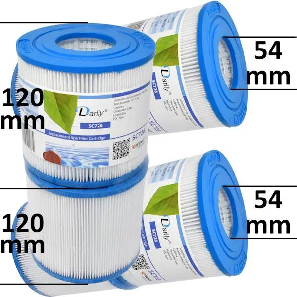 Två Darlly SC726 spafilter med vita veckade filterelement och blå plaständar, måttsatta till 120 mm höjd och 54 mm diameter.