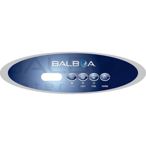 Balboa overlay VL260 med 4 knappar i ovalt blått spabadspanel-format, symboler för jets, ljus, kallt och varmt.