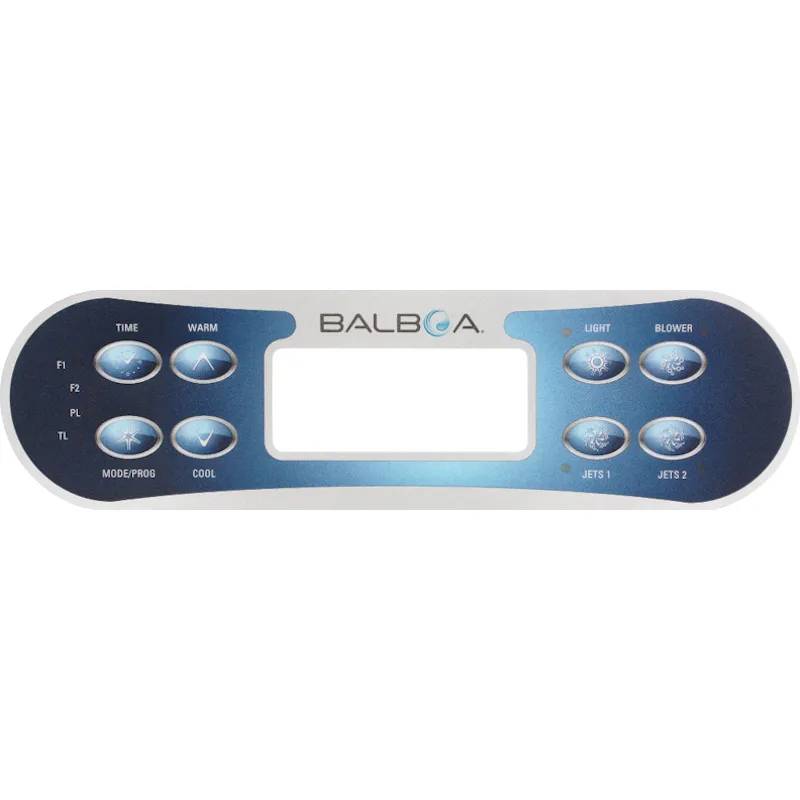 Balboa ML700 overlay med 8 knappar, blå kontrollpanel med tomt displayfönster och Balboa-logotyp.