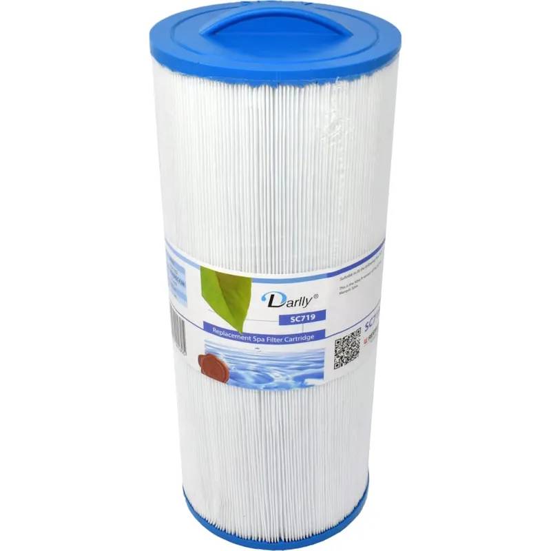 Darlly SC719 spafilter med blå topp och botten, veckat vitt filtermaterial och etikett med produktinformation.