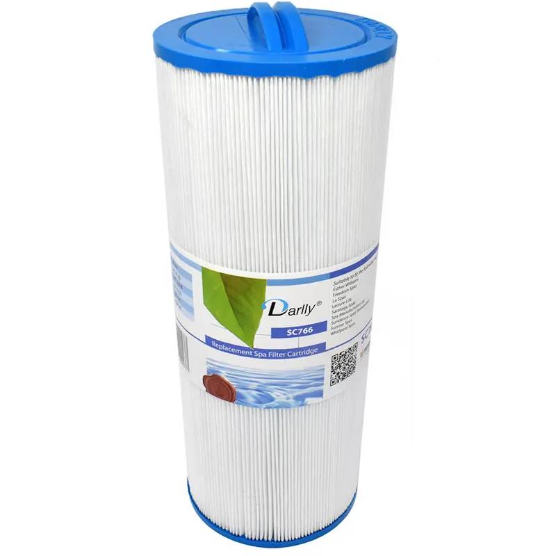 Spafilter Darlly SC766 med veckat filterpapper, blå topp och handtag, sett rakt framifrån med etiketten synlig.