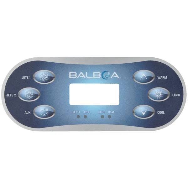 Balboa TP600 J1/J2/AUX overlay, ovalt kontrollpanelöverlägg med knappar för Jets 1, Jets 2, Aux, Warm, Light och Cool.