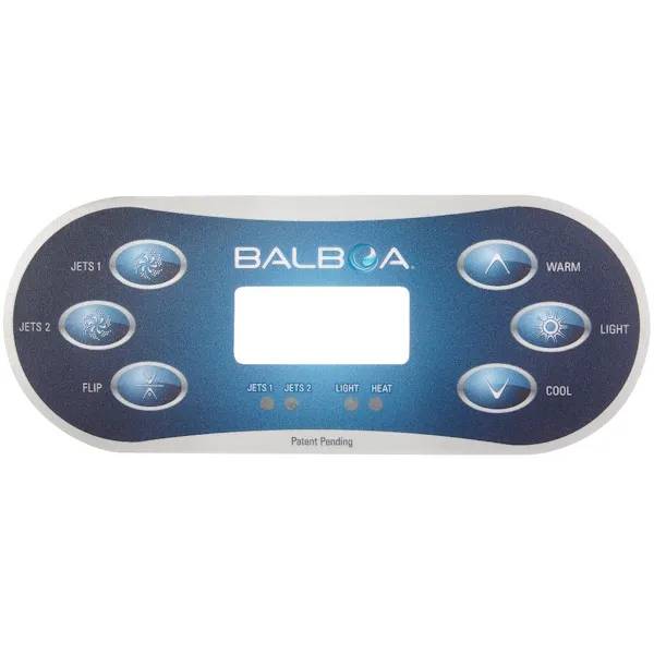 Balboa TP600 J1/J2/FLIP overlay till spakontrollpanel med knappar för Jets 1, Jets 2, Flip, Warm