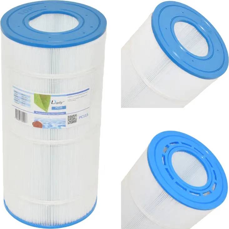 Spafilter Darlly PC115 med vitt veckat filtermaterial och blå topp- och bottenring, visad i helbild och närbilder.