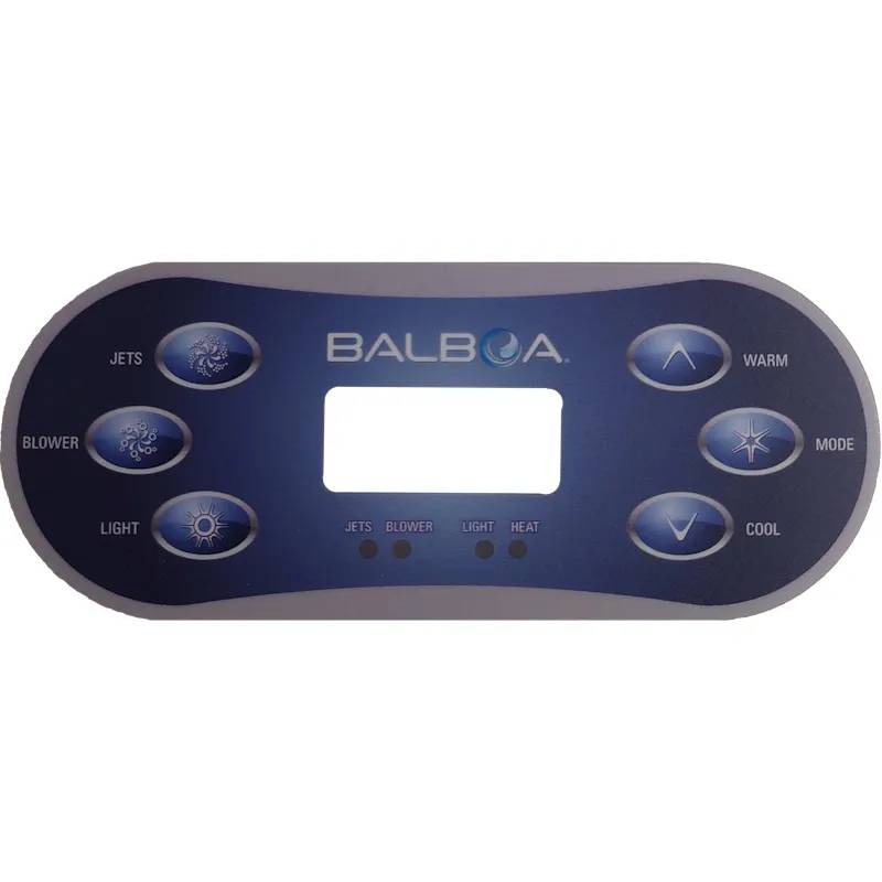 Balboa overlay till VL600S med knapparna Jets, Blower, Light, Warm, Mode och Cool samt tomt displayfönster.