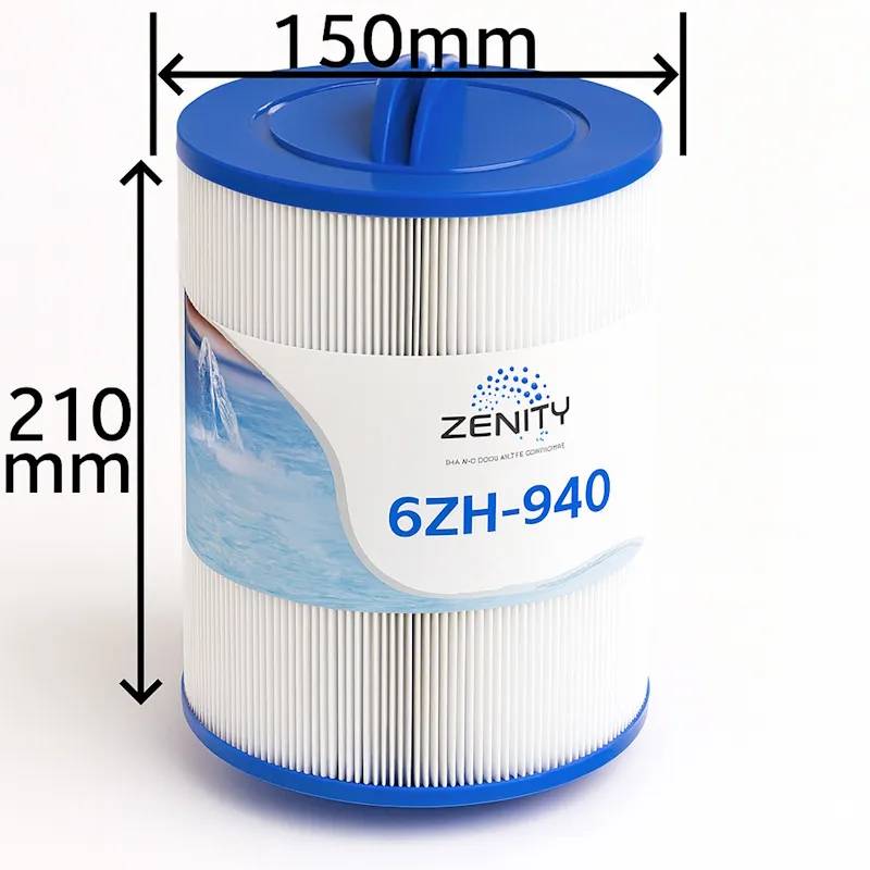 Spafilter Zenity 6ZH-940 med blått handtag och veckat filterpapper, sett snett framifrån mot vit bakgrund.