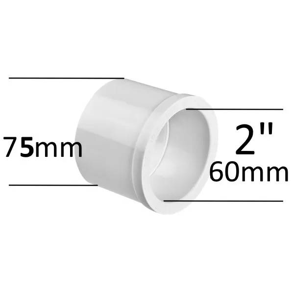 PVC adapter 75mm x 2" i vit plast, sedd snett framifrån med måttlinjer för ytterdiameter 75mm och innerdiameter 60mm.