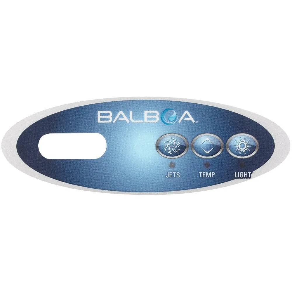 Balboa VL200 overlay med tre knappar, ovalt display-utsnitt samt symboler för Jets, Temp och Light.