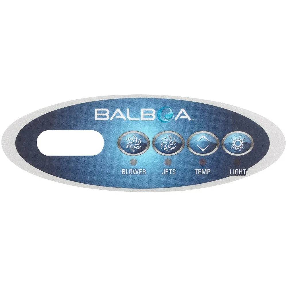 Balboa overlay VL200 med 4 knappar, ovalt kontrollpanelöverlägg med tomt displayfönster och knapparna Blower, Jets