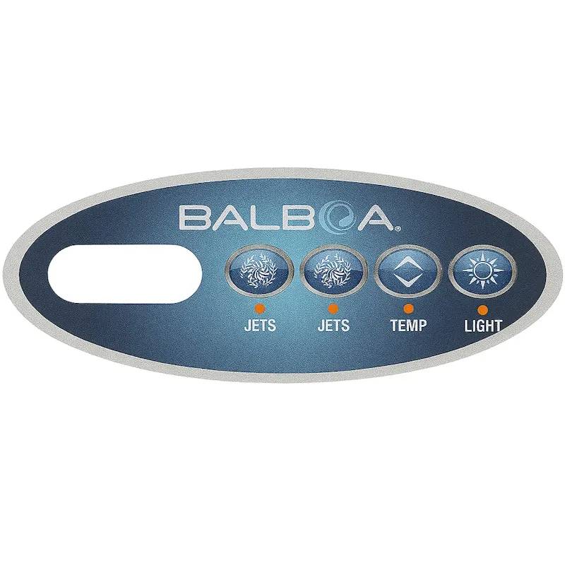 Balboa overlay VL200 med fyra knappar: Jets, Jets, Temp och Light, ovalt spabadspanel-dekal i blått.