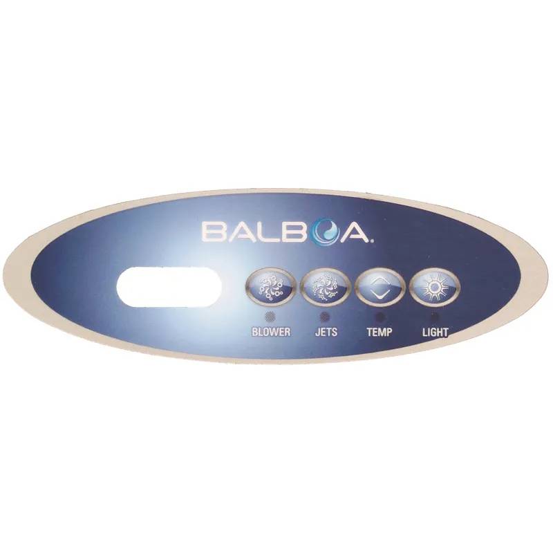 Ovalt Balboa-panelöverlägg VL240 med fyra knappar: Blower, Jets, Temp och Light, samt LCD-displayfönster.