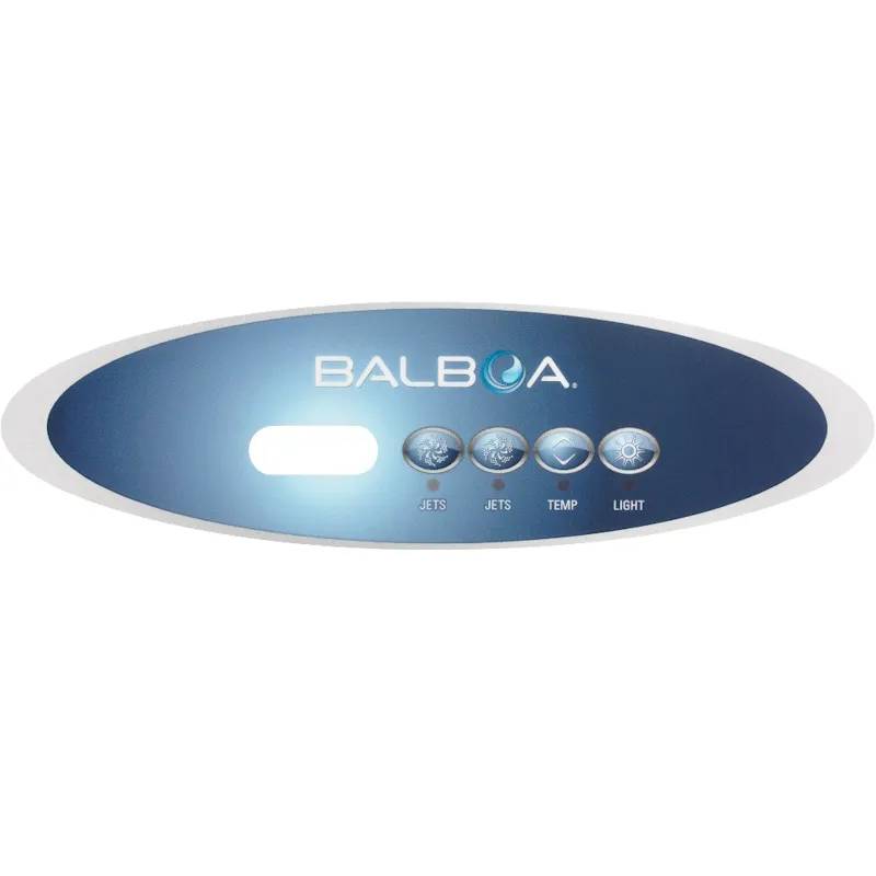 Ovalformad Balboa-kontrollpanel VL260 med tomt displayfönster och fyra knappar: Jets, Jets, Temp och Light.