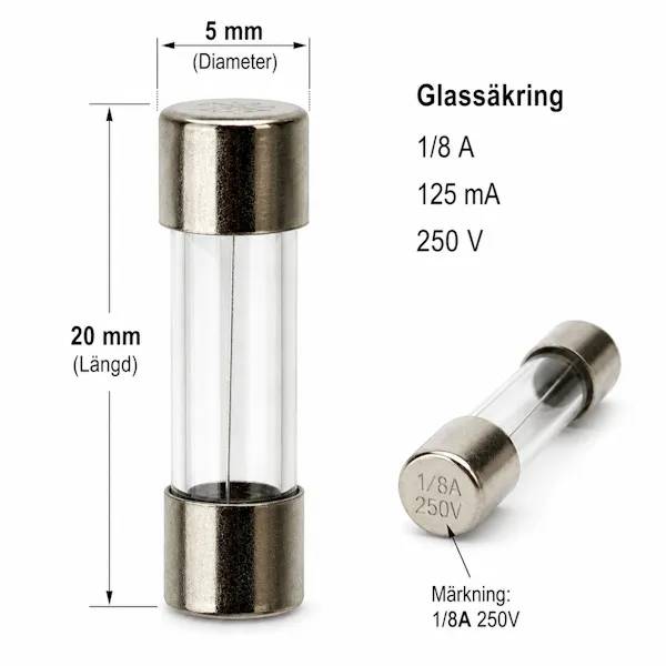 Glassäkring 1/8A 20 mm med metallhattar, 5 mm diameter, märkt 1/8A 250V, med måttangivelser för längd och diameter.